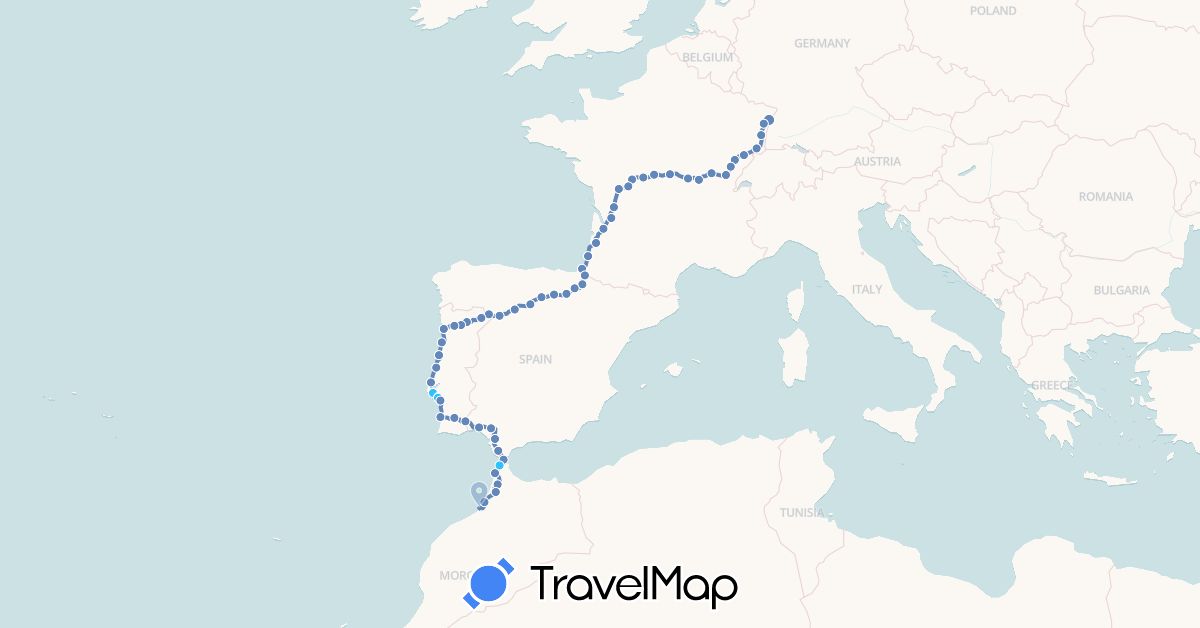 TravelMap itinerary: driving, cycling, boat in Spain, France, Morocco, Portugal (Africa, Europe)